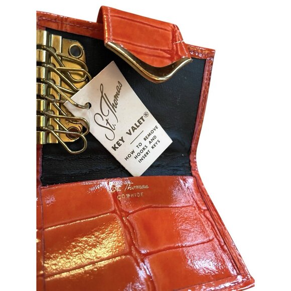 Vtg St Thomas Key Valet Kisslock Wallet Set Croc Embossed Patent Leather Orange - Picture 3 of 5